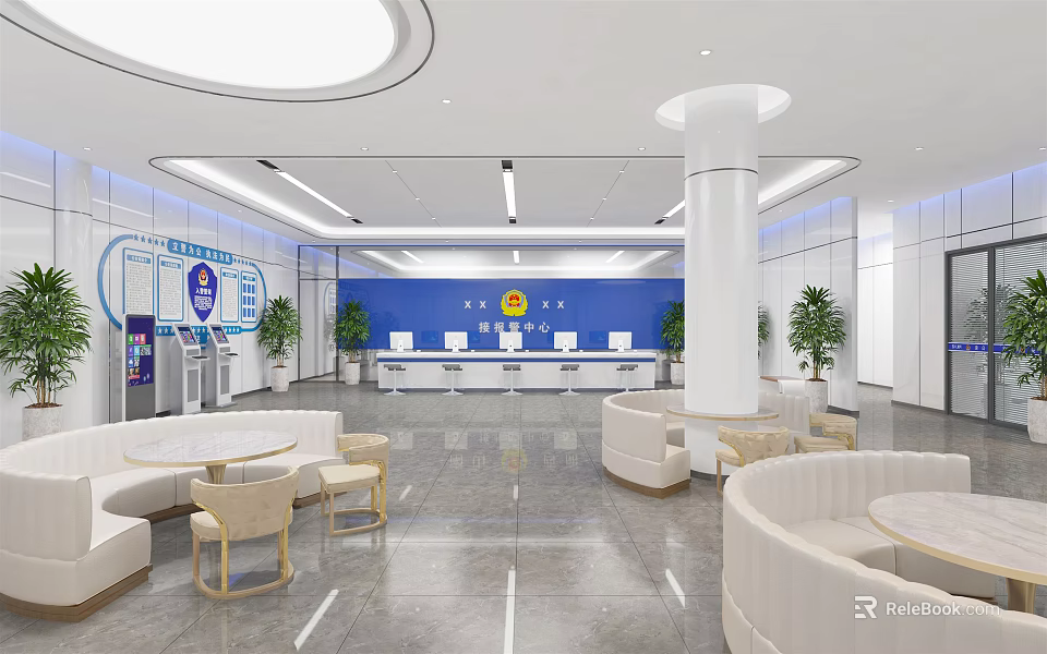 Modern Service Hall Interior with Waiting Area Service Counters and Self Service Machines 3d model 