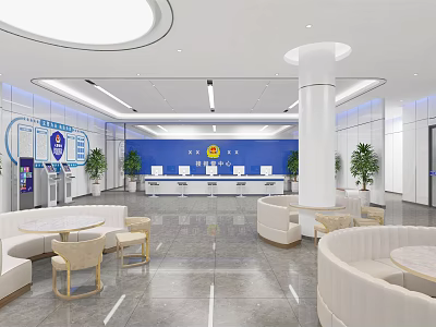 Modern Service Hall Interior with Waiting Area Service Counters and Self Service Machines 3d model