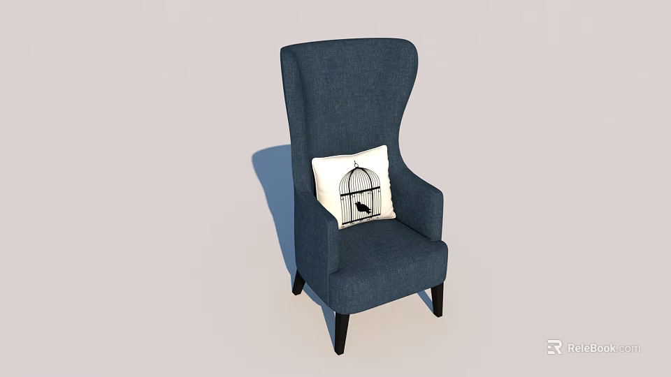 Navy Blue High Back Single Sofa Upholstered With Dark Legs And White Birdcage Pattern Cushion 3d model