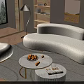 Elegant White Curved Sofa Coffee Table Set With Round Gold Frame And Fruit Magazines 3d model