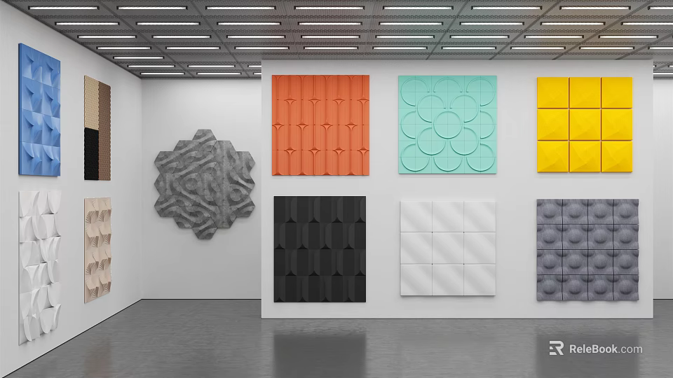 Exhibition Hall Showcasing Various Colored Textured Decorative Wall Panels And Designs 3d model