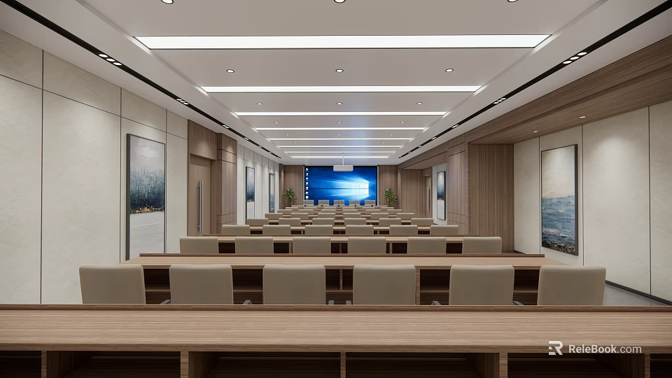 Spacious Modern Conference Room With Rows Of Seats Large Screen And Wooden Decor 3d model 