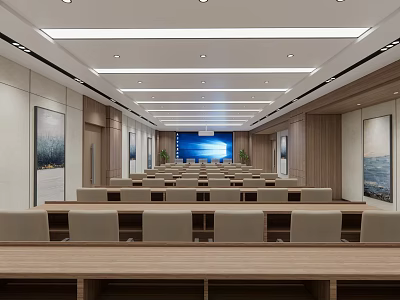 Spacious Modern Conference Room With Rows Of Seats Large Screen And Wooden Decor 3d model