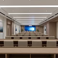 Spacious Modern Conference Room With Rows Of Seats Large Screen And Wooden Decor