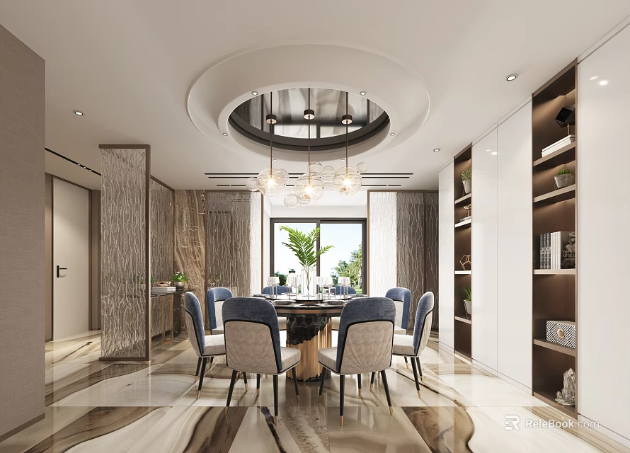 Elegant Modern Restaurant Interior With Round Dining Table Blue Chairs Circular Chandelier Bookshelves And Plants 3d model 