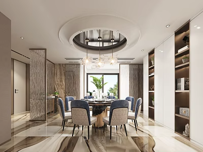 Elegant Modern Restaurant Interior With Round Dining Table Blue Chairs Circular Chandelier Bookshelves And Plants 3d model