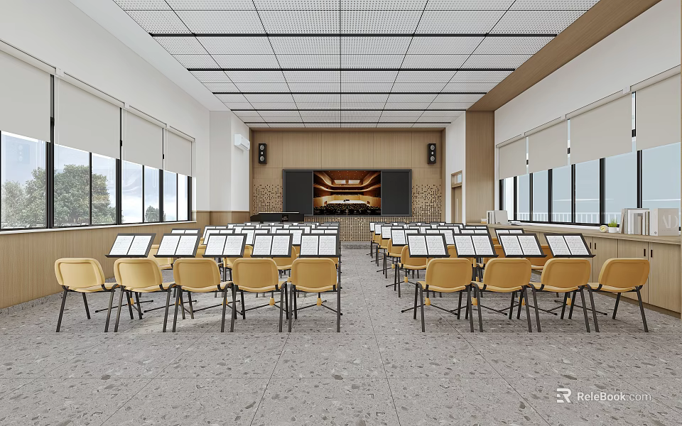 School Auditorium With Arranged Chairs And Music Stands 3d model 