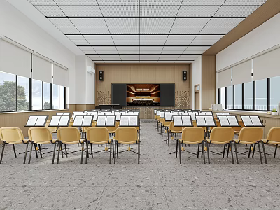 School Auditorium With Arranged Chairs And Music Stands 3d model