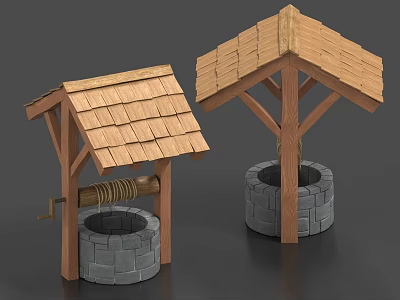 Two Traditional Well Models With Wooden Shingle Roofs Stone Bases And Crank Handles 3d model