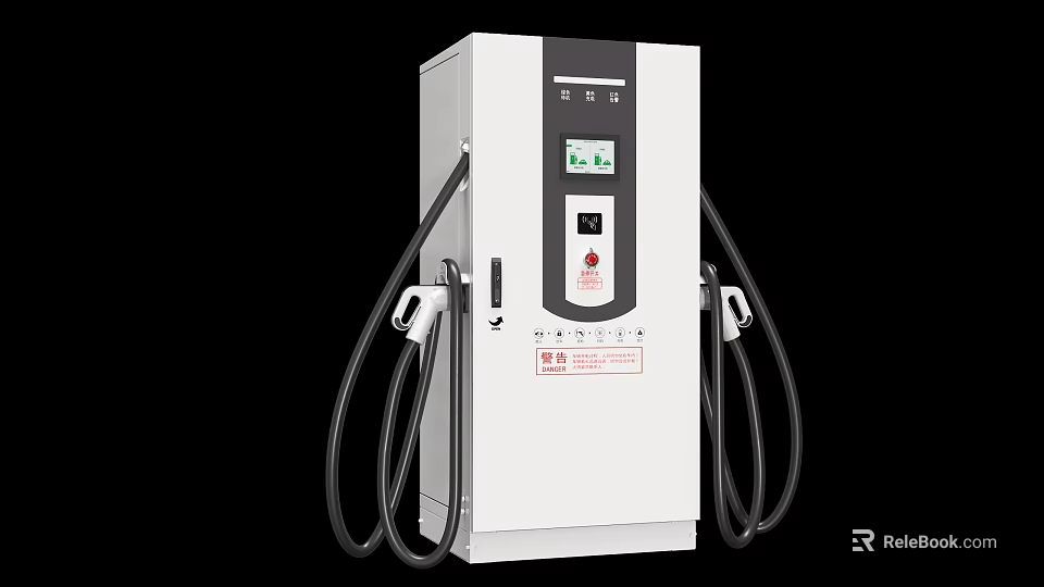Industrial EV Charging Equipment With White Body Digital Display And Black Charging Cables 3d model 
