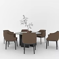 Modern Dining Table Set with Brown Leather Chairs Round Table and Decorative Plants 3d model