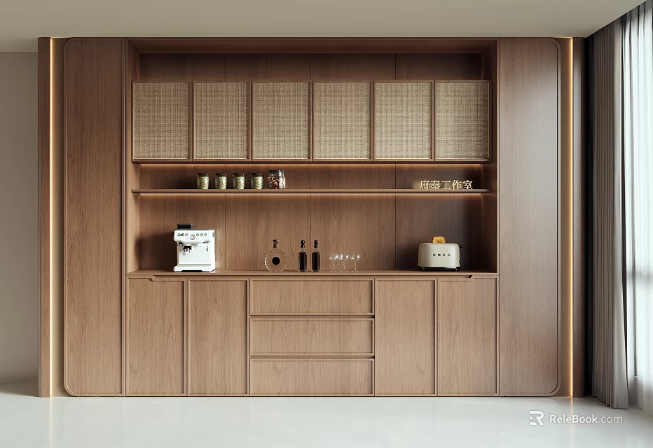Modern Wooden Sideboard Design With Cabinets Shelves Coffee Machine And Jars 3d model 