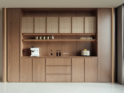 Modern Wooden Sideboard Design With Cabinets Shelves Coffee Machine And Jars 3d model