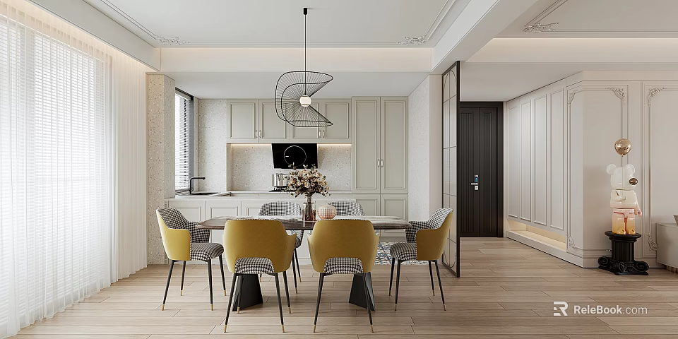 Modern Dining Room Interior Design With Yellow Chairs Dining Table Pendant Light And Cabinets 3d model