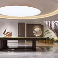 Luxurious Billiard Room With Billiard Table Cues Circular Ceiling Light Staircase And Decorative Plants