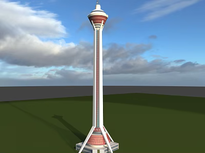Modern Red And White Tower With Spire Top On Green Field And Blue Sky 3d model