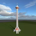 Modern Red And White Tower With Spire Top On Green Field And Blue Sky