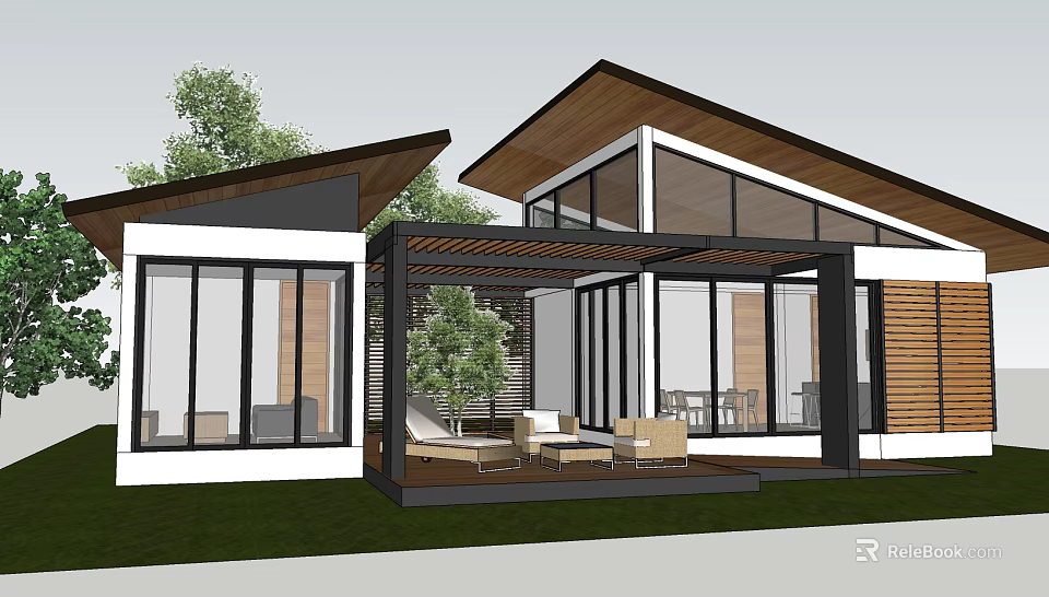 Contemporary Detached Villa With Sloped Roof Large Glass Windows And Outdoor Terrace 3d model 