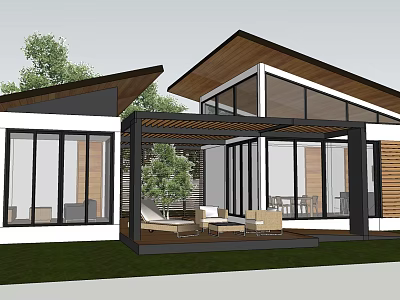 Contemporary Detached Villa With Sloped Roof Large Glass Windows And Outdoor Terrace 3d model