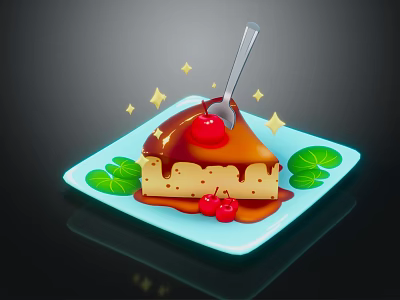 Caramel Cake Topped With Cherry And Sauce On Blue Plate With Green Leaves And Sparkles 3d model