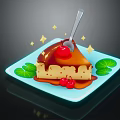 Caramel Cake Topped With Cherry And Sauce On Blue Plate With Green Leaves And Sparkles