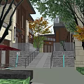 Vibrant Commercial Street With Scenic Trees Pedestrians Shops Tables And Benches