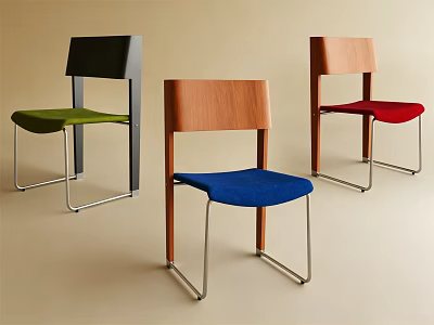 Modern Dining Chairs With Wooden Backrests Colorful Seats And Metal Legs 3d model