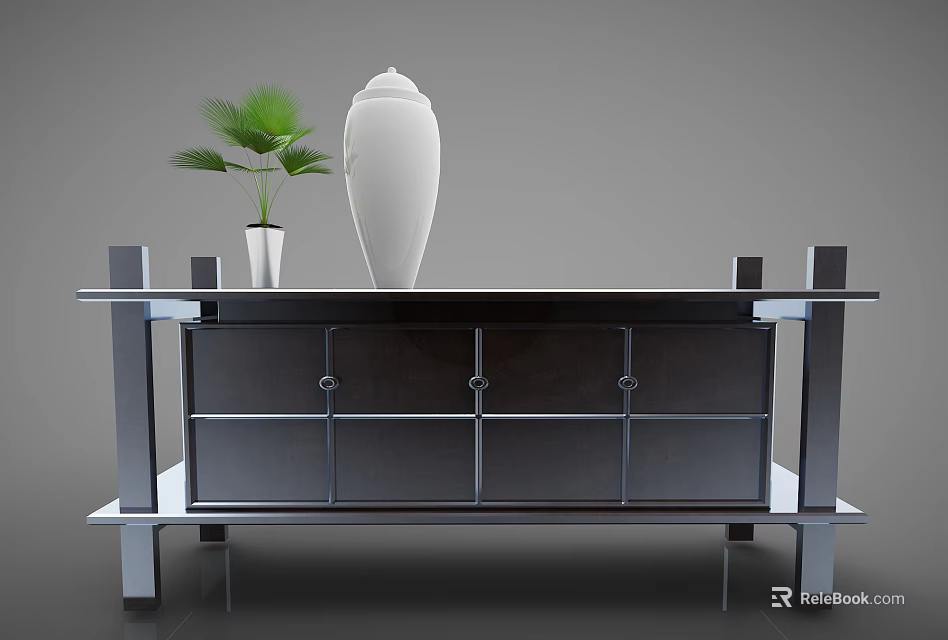 Modern Black Decorative Cabinet with White Vase and Green Palm Plant on Top 3d model 
