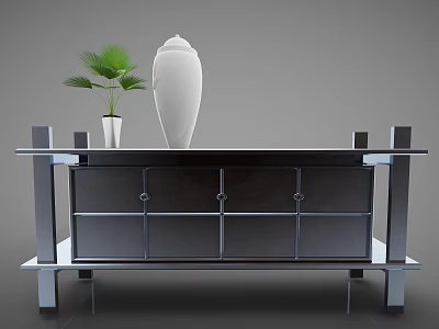 Modern Black Decorative Cabinet with White Vase and Green Palm Plant on Top 3d model
