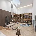 Modern Basement Interior Design With Sofa Bookshelves Fireplace And Carpet 3d model