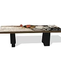 Modern Dining Table with Marble Surface Natural Veins Black Metal Legs and Fruit Bowls