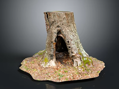 Natural Rustic Wooden Stump Decorative Piece With Stone Base Hole Moss And Leaves 3d model