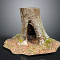 Natural Rustic Wooden Stump Decorative Piece With Stone Base Hole Moss And Leaves