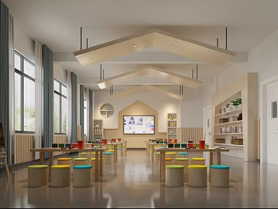 Bright Book Art Learning Space With Tables Colorful Stools And Shelves 3d model