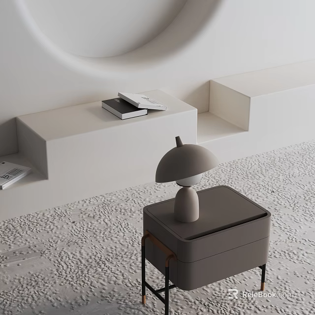 Gray Side Table with Modern Lamp on Textured Carpet Near White Step Design Wall 3d model 