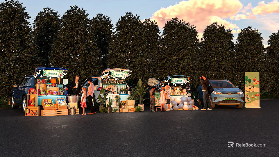 Vibrant Commercial Street With Food Trucks Crowds Balloons And Green Trees 3d model 