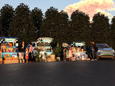 Vibrant Commercial Street With Food Trucks Crowds Balloons And Green Trees 3d model