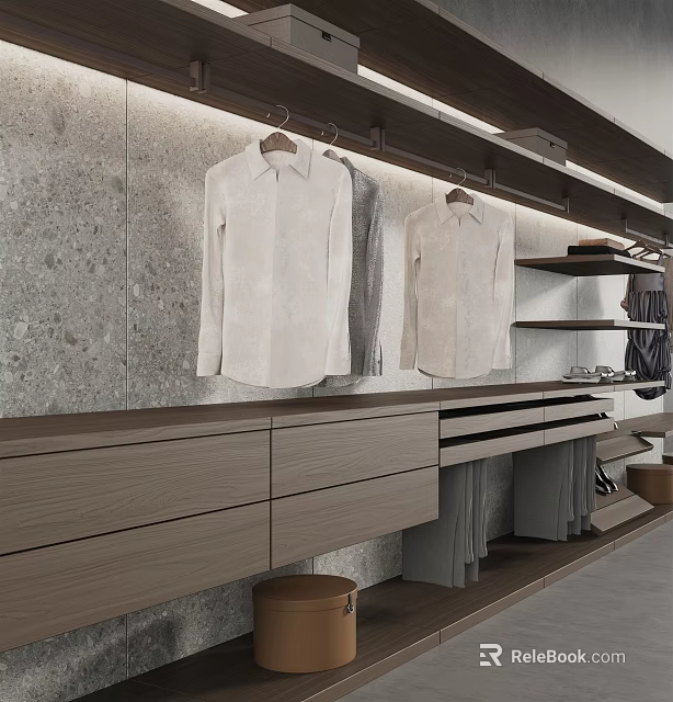 Modern Clothes Hangers Holding White Shirts In Stylish Closet With Wooden Cabinet 3d model 