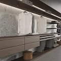 Modern Clothes Hangers Holding White Shirts In Stylish Closet With Wooden Cabinet
