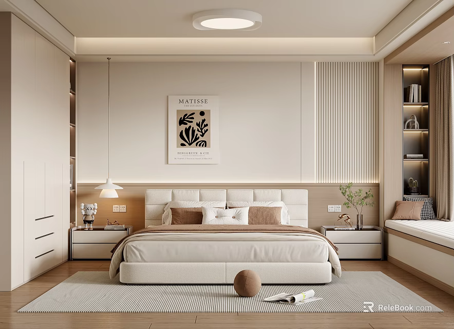 Modern Bedroom Interior Design With Large Bed Decorative Poster And Wooden Flooring 3d model 