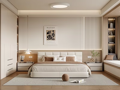 Modern Bedroom Interior Design With Large Bed Decorative Poster And Wooden Flooring 3d model