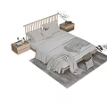 Modern Double Bed With Wooden Headboard Light Gray Bedding Nightstand Plant Pillows On Rug Magazines