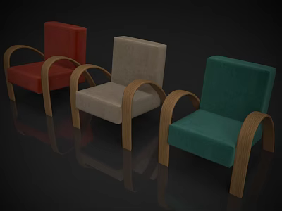 Stylish Leisure Chairs With Red Beige Green Upholstery And Wooden Curved Armrests 3d model
