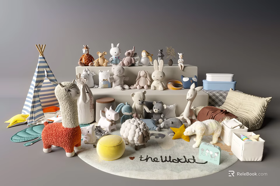 Cute Plush Toys Including Alpaca Bunny Polar Bear Deer With Teepee Cushions Books World Rug 3d model 