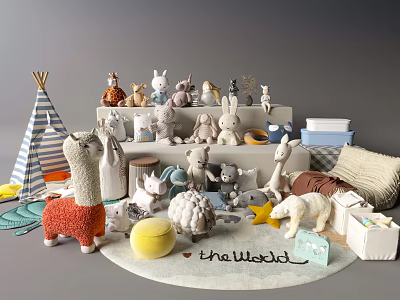 Cute Plush Toys Including Alpaca Bunny Polar Bear Deer With Teepee Cushions Books World Rug 3d model