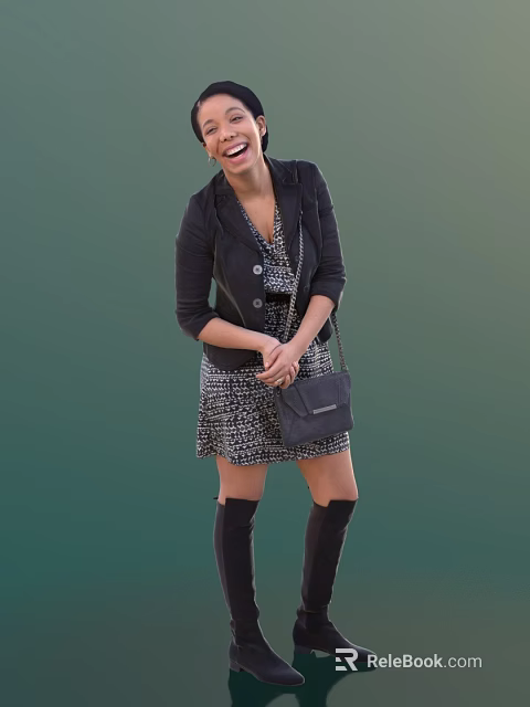 Woman Wearing Black Blazer Patterned Dress Chain Handbag and Knee High Boots on Green Background 3d model 