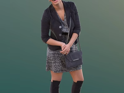 Woman Wearing Black Blazer Patterned Dress Chain Handbag and Knee High Boots on Green Background 3d model