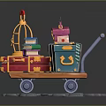 Colorful Assorted Vintage Luggage Stacked With Decorative Birdcage On Stone Path Trolley