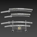 Traditional Samurai Swords with Black Handles Gold Decorations Sheaths and Decorative Stand with Circular Emblem