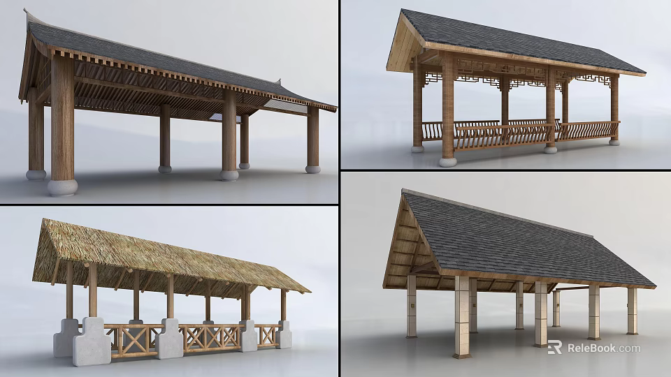 Outdoor Wooden Pergola Designs Featuring Tile Thatched Roofs Columns And Railings 3d model 